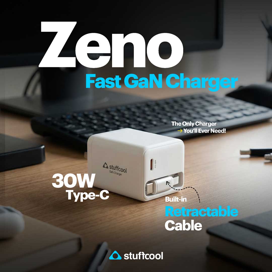 Zeno 30W GaN Wall Charger with USB-C Port & Built-in Retractable Type-C Cable
