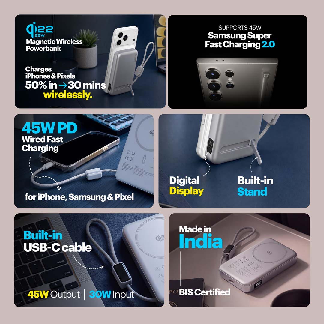 Odin Plus 10,000mAh Qi2.2 25W MagSafe Powerbank with 45W Wired Fast Charging & Built-In Type-C Cable