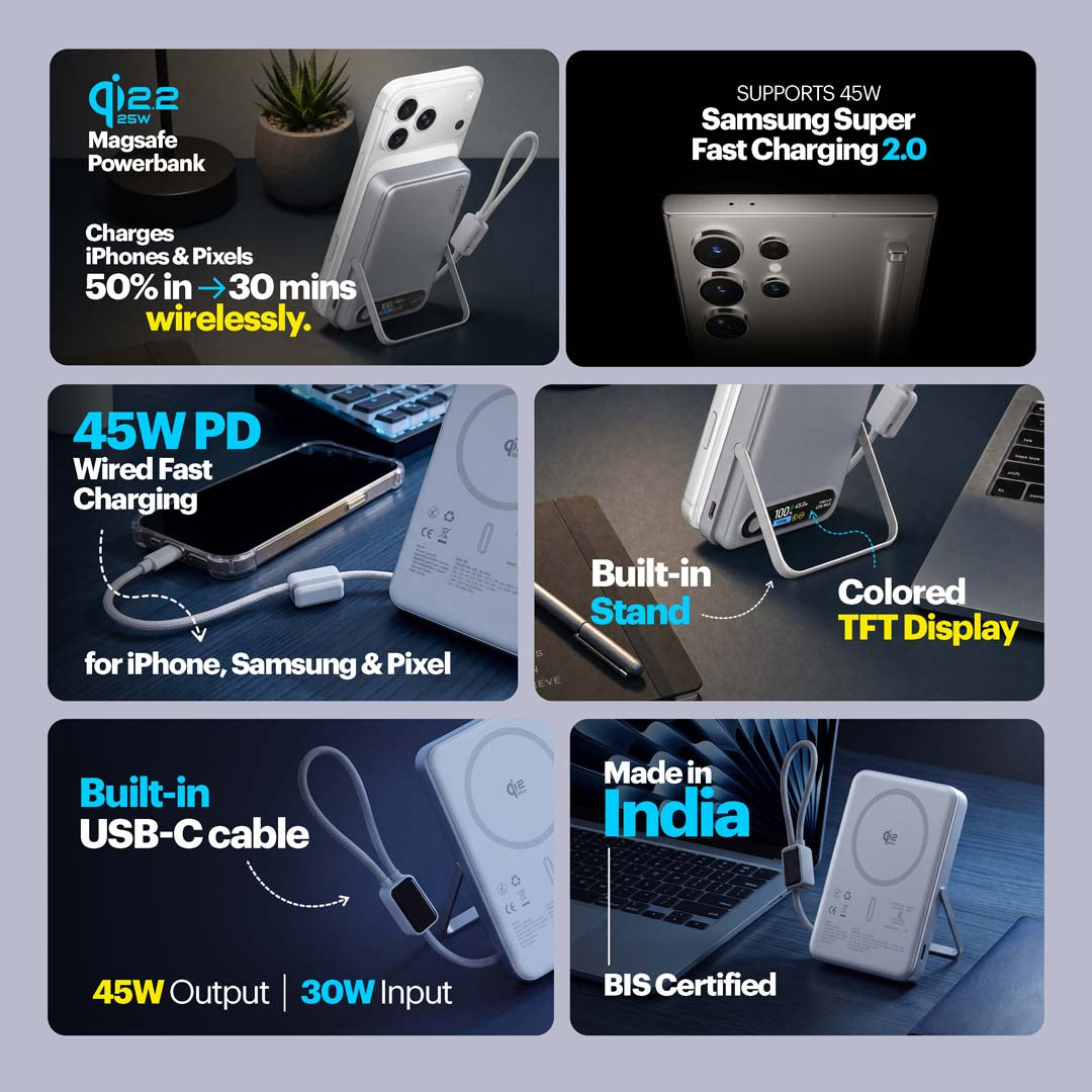 Odin Pro 10,000mAh Qi2.2 25W MagSafe Powerbank with 45W Wired Fast Charging & Built-In Type-C Cable