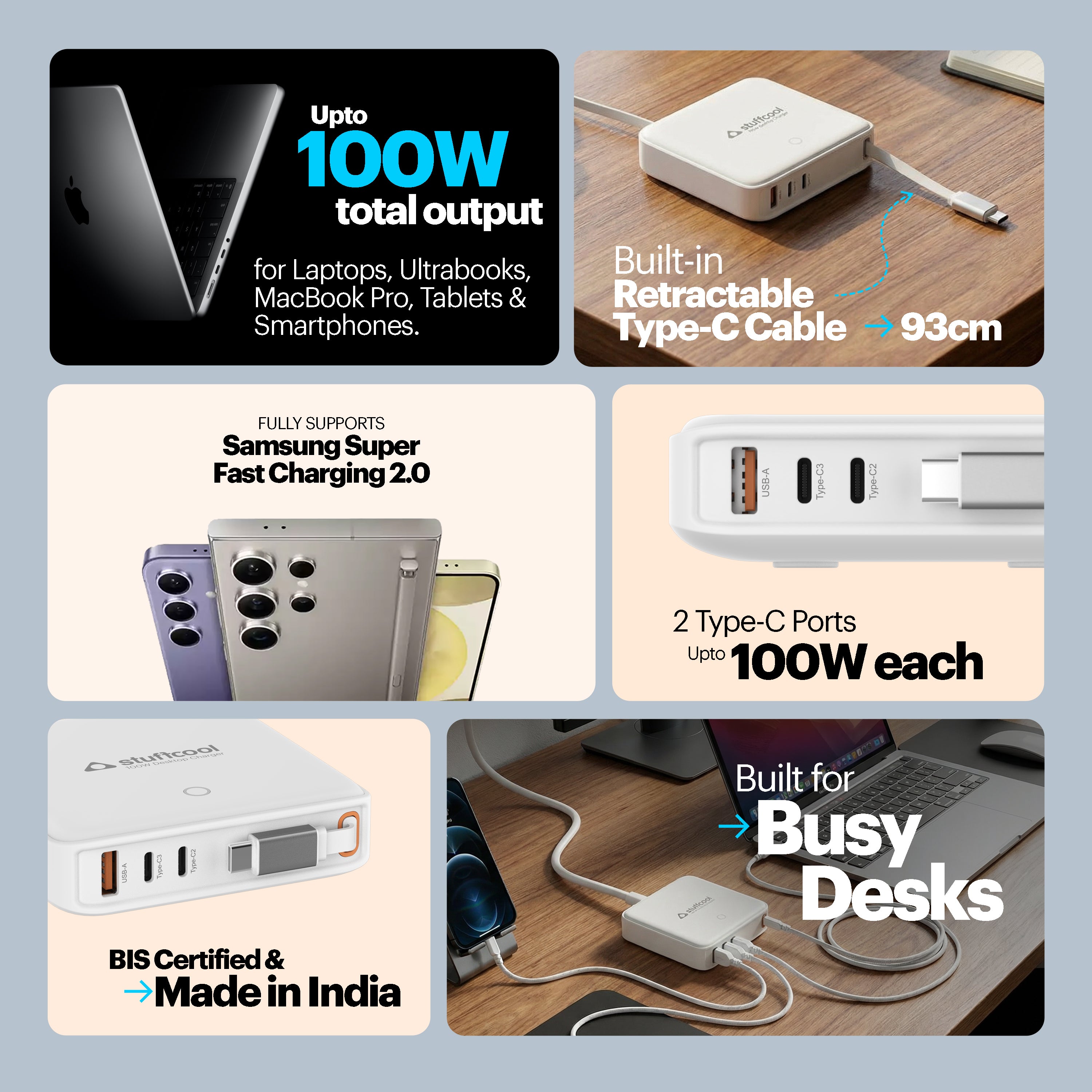 Zeno 100 Desktop Charging Station with Built-in 65W Retractable Cable