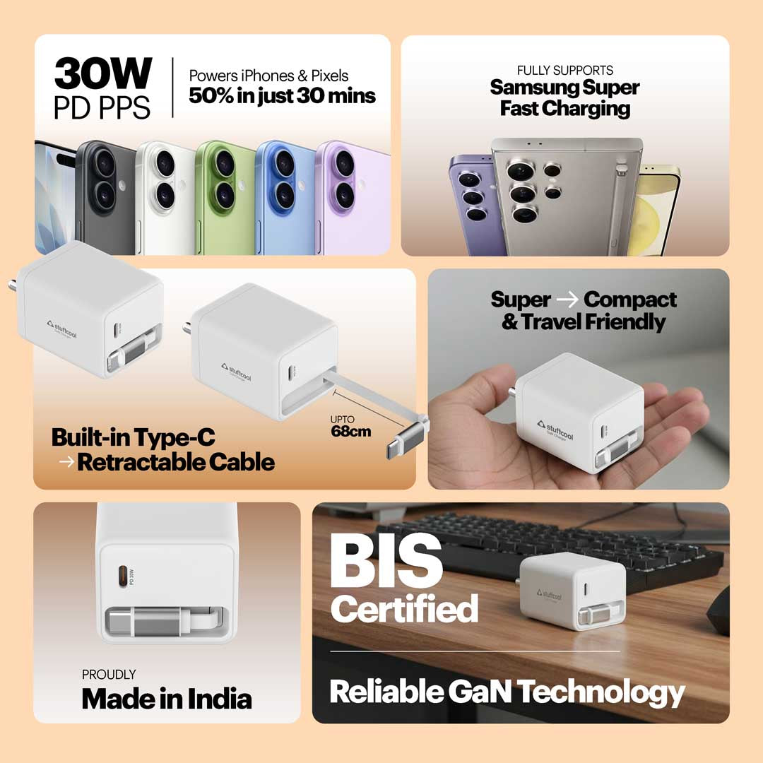 Zeno 30W GaN Wall Charger with USB-C Port & Built-in Retractable Type-C Cable