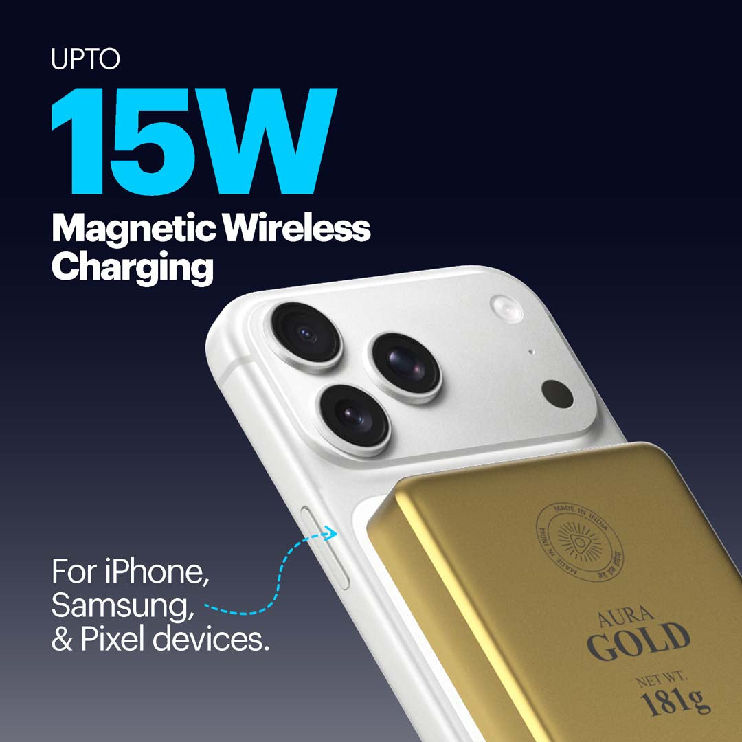 Aura 10000mAh 15W Magnetic Wireless Powerbank with Gold Finish