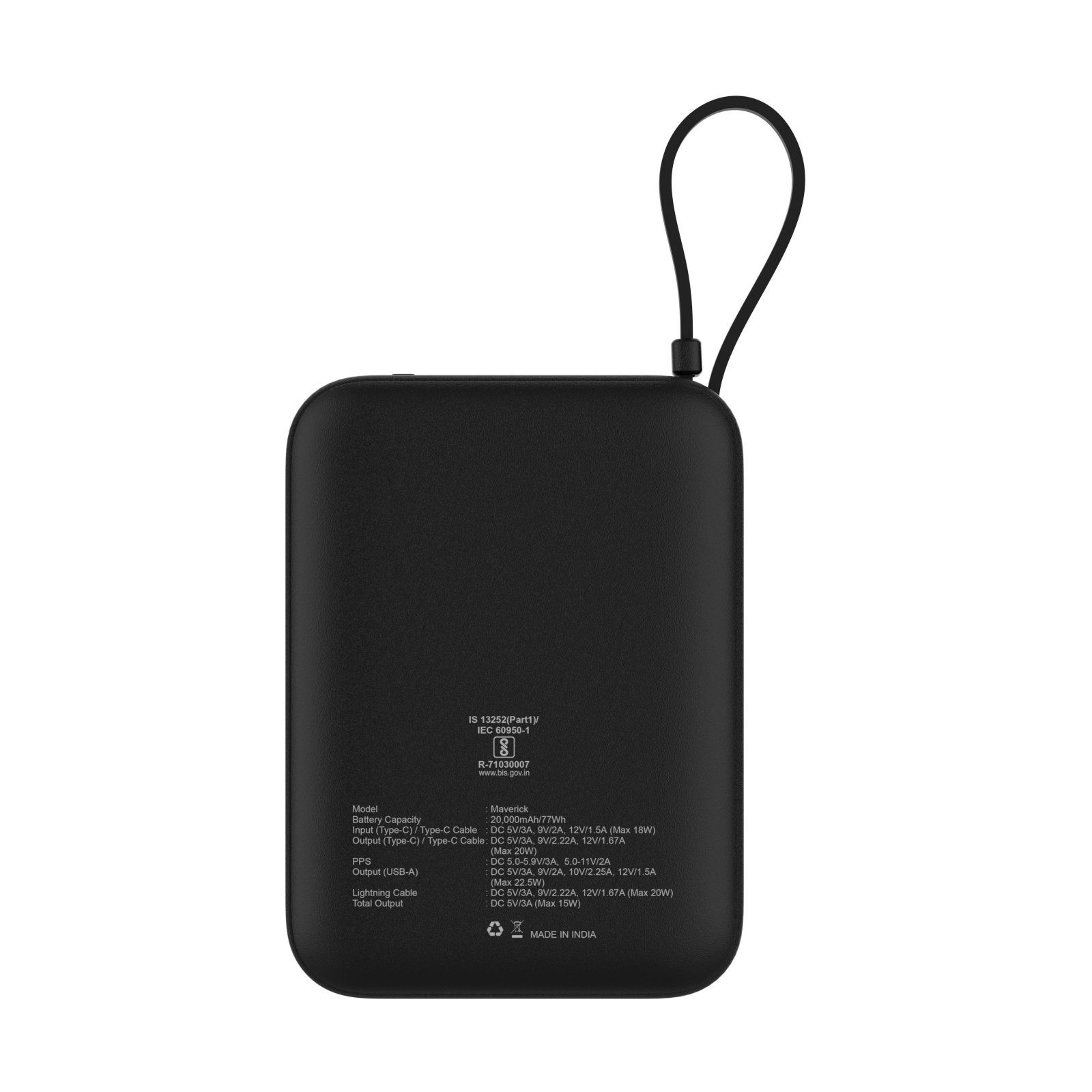 Maverick Mini 20,000mAh Powerbank with 20W Built-in Lightning & Type-C Cables