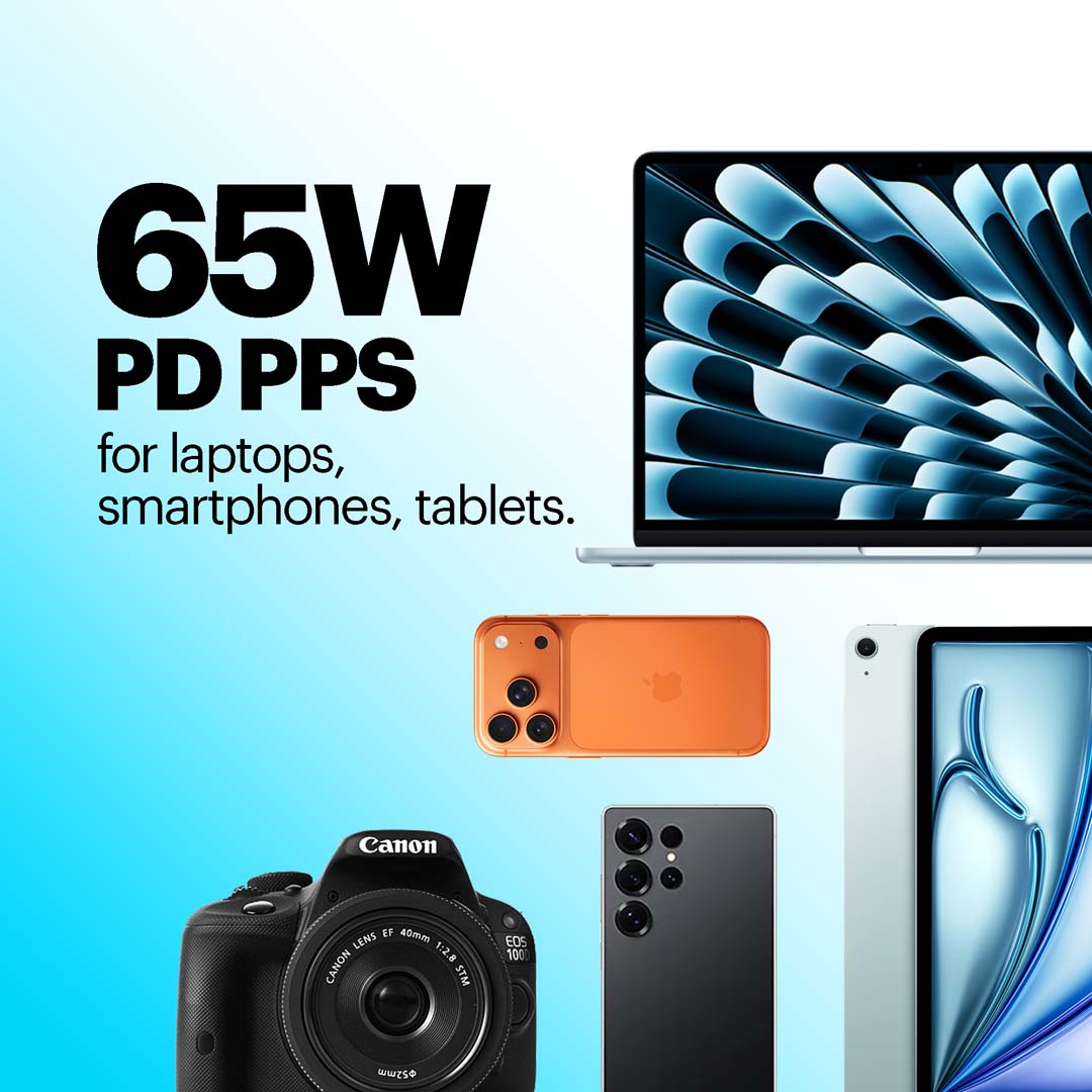 Zeno 65W GaN Wall Charger with USB-C Port & Built-in Retractable Type-C Cable