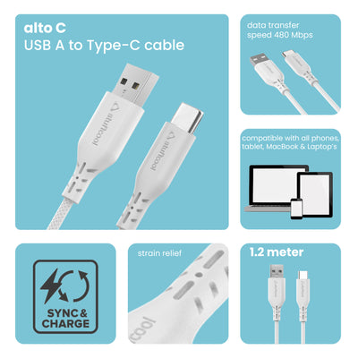 Alto USB A to C 6.5A 1.2 Meter Cable fast charging Oppo, One plus,Vivo, Samsung, Huawei, Pixel, mi