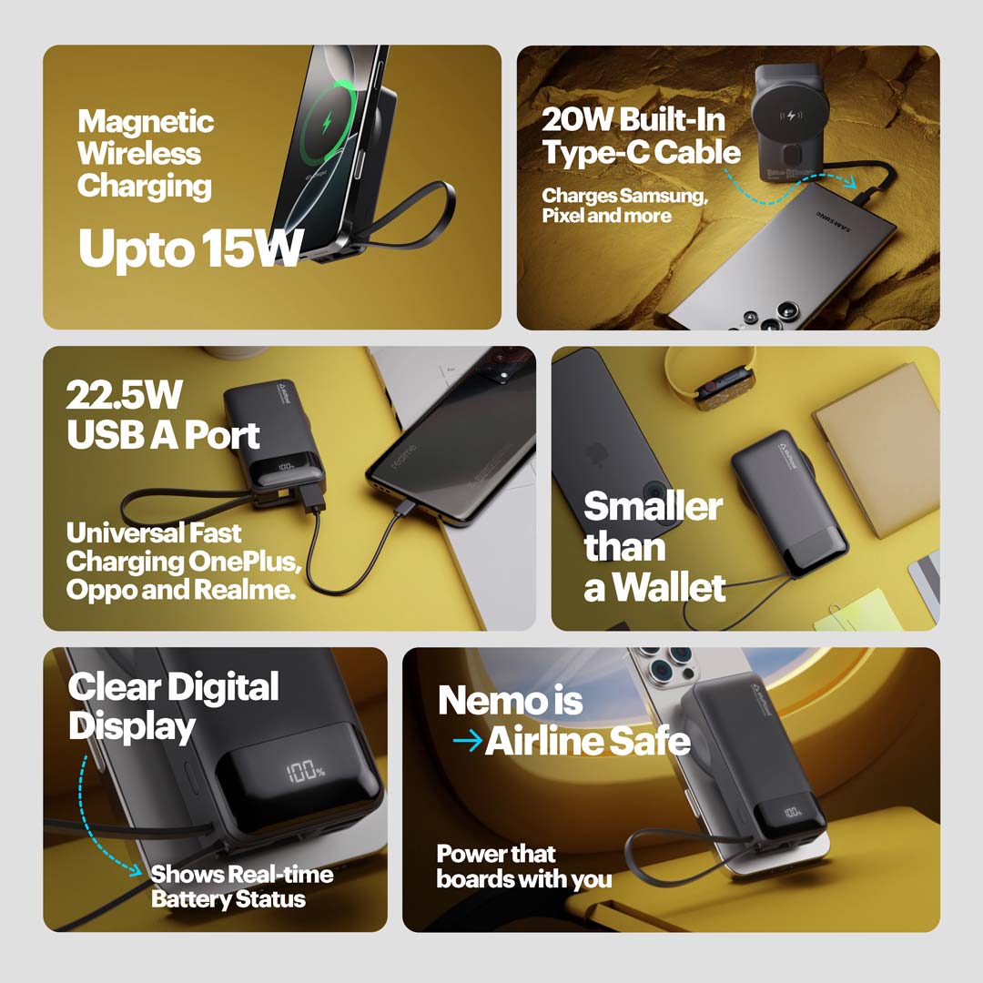 Nemo 10000mAh compact magnetic wireless powerbank with 20W built-in Type-C cable