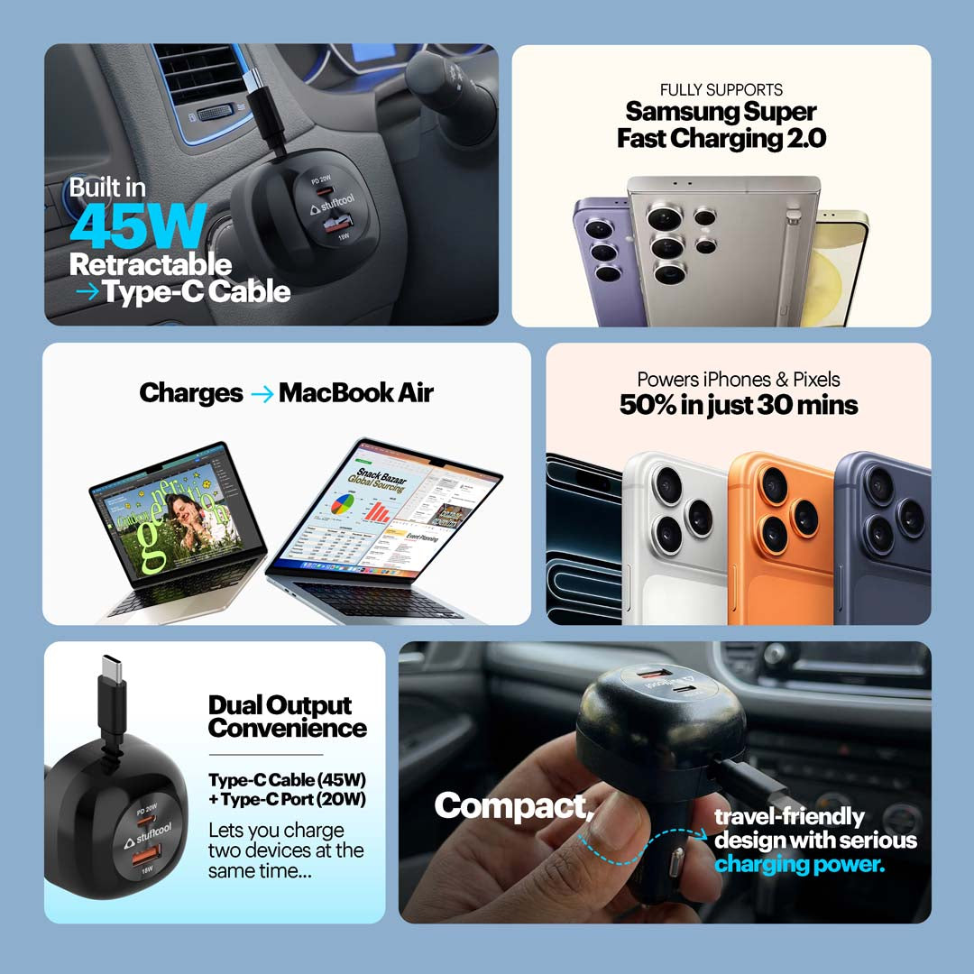 Ultimus 65R 65W Car Charger with 75cm Retractable Type-C Cable