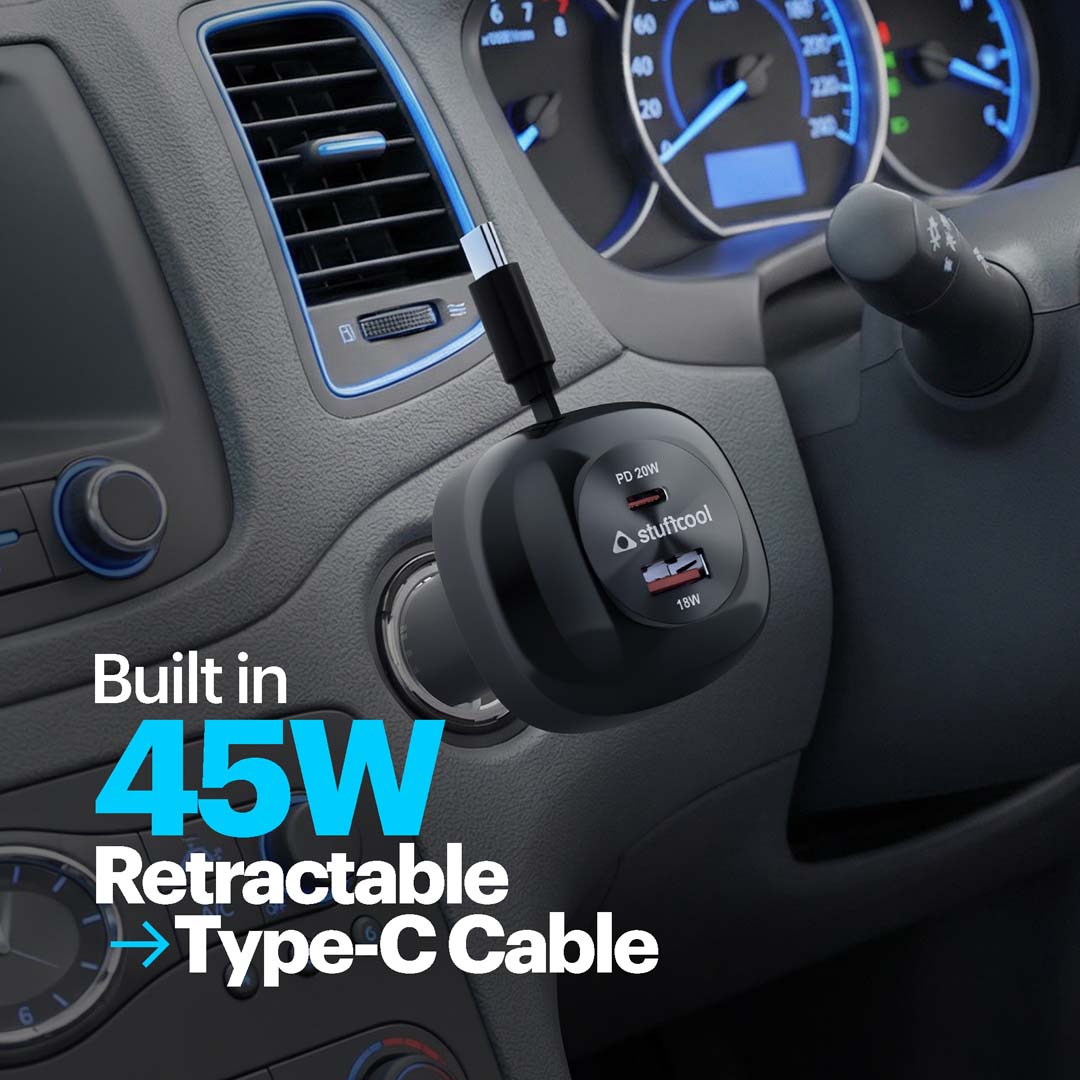 Ultimus 65R 65W Car Charger with 75cm Retractable Type-C Cable