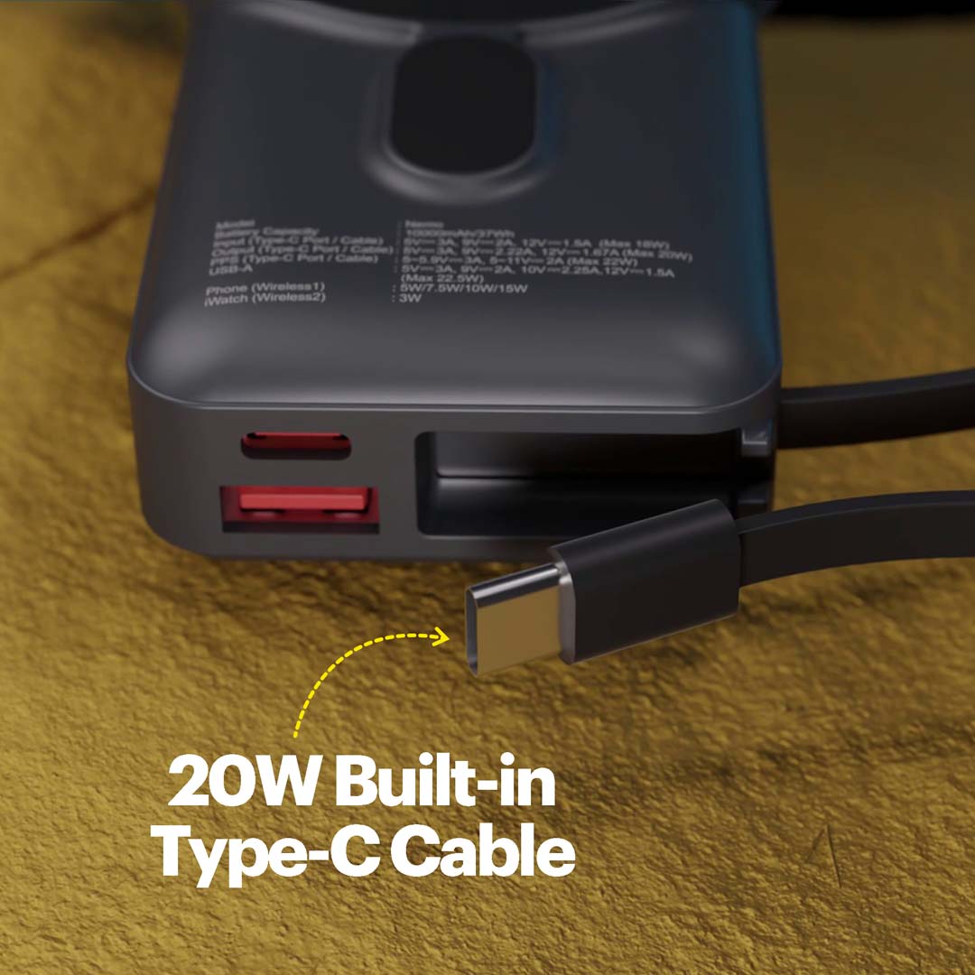 Nemo 10000mAh compact magnetic wireless powerbank with 20W built-in Type-C cable