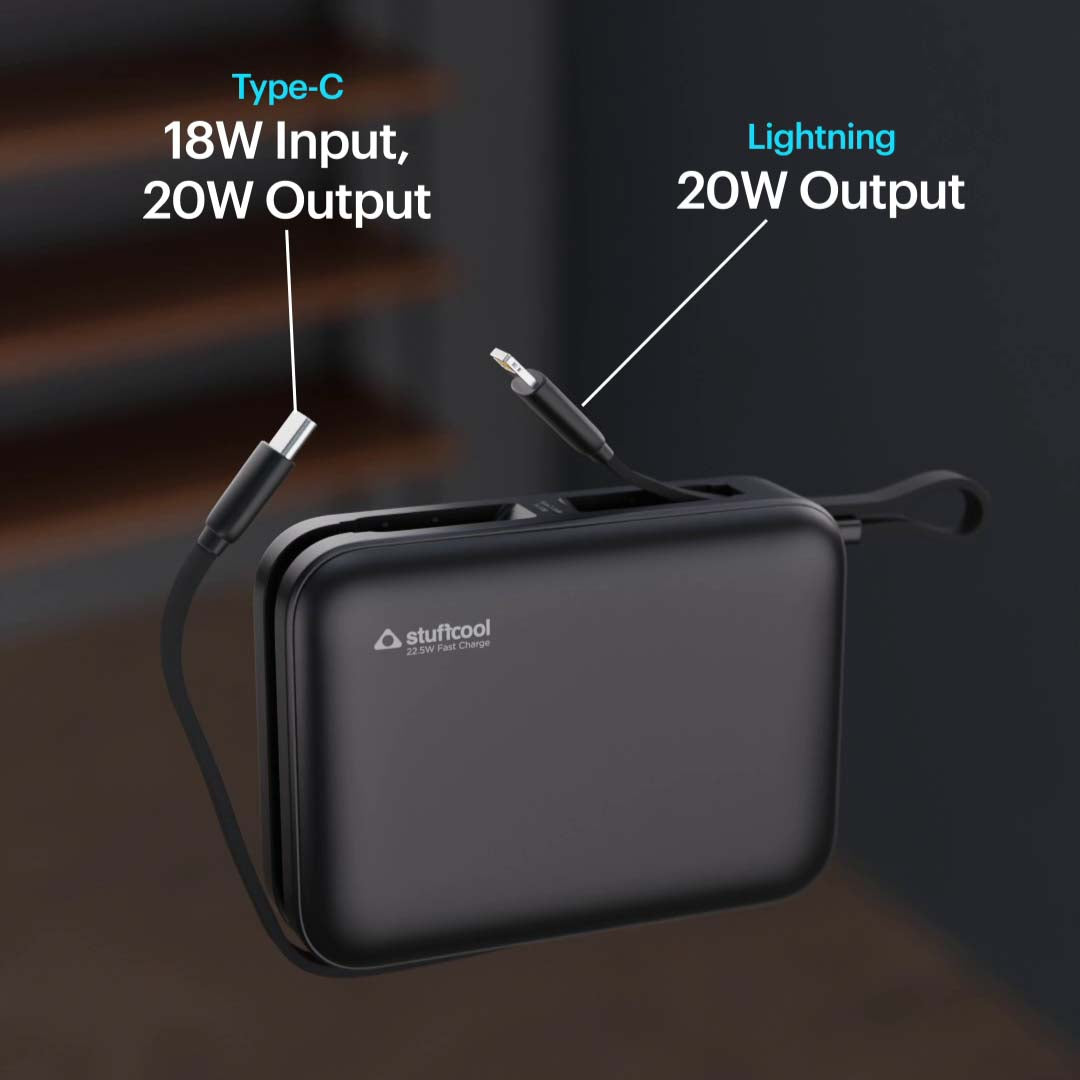 Maverick Mini 20,000mAh Powerbank with 20W Built-in Lightning & Type-C Cables