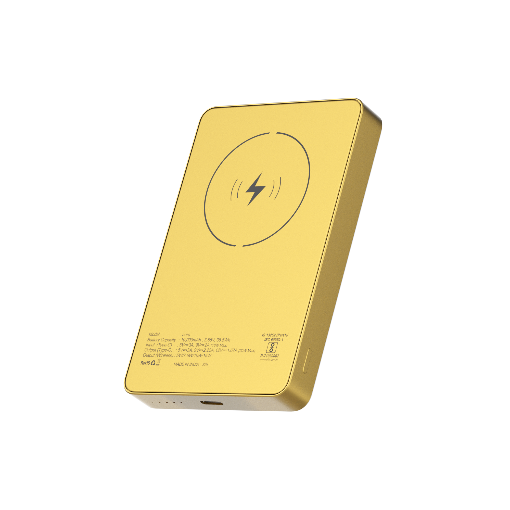 Aura 10000mAh 15W Magnetic Wireless Powerbank with Gold Finish