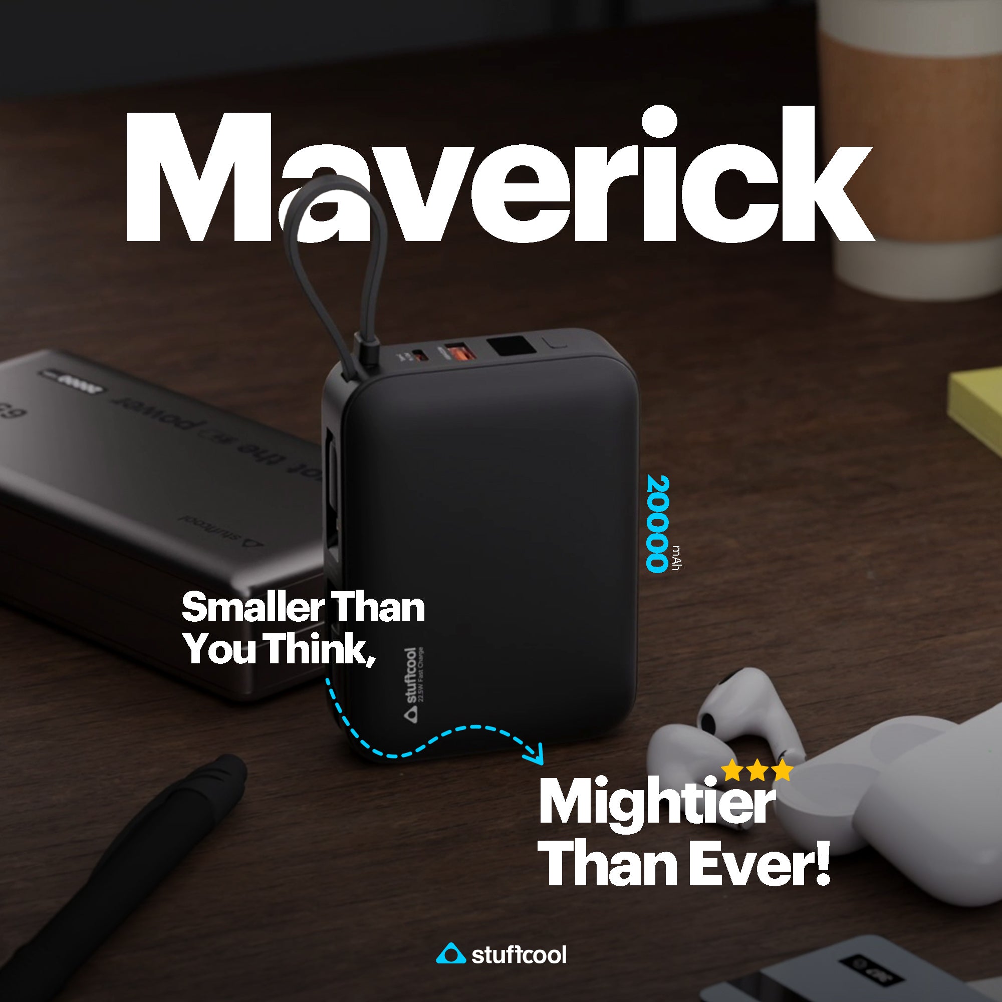 Maverick Mini 20,000mAh Powerbank with 20W Built-in Lightning & Type-C Cables