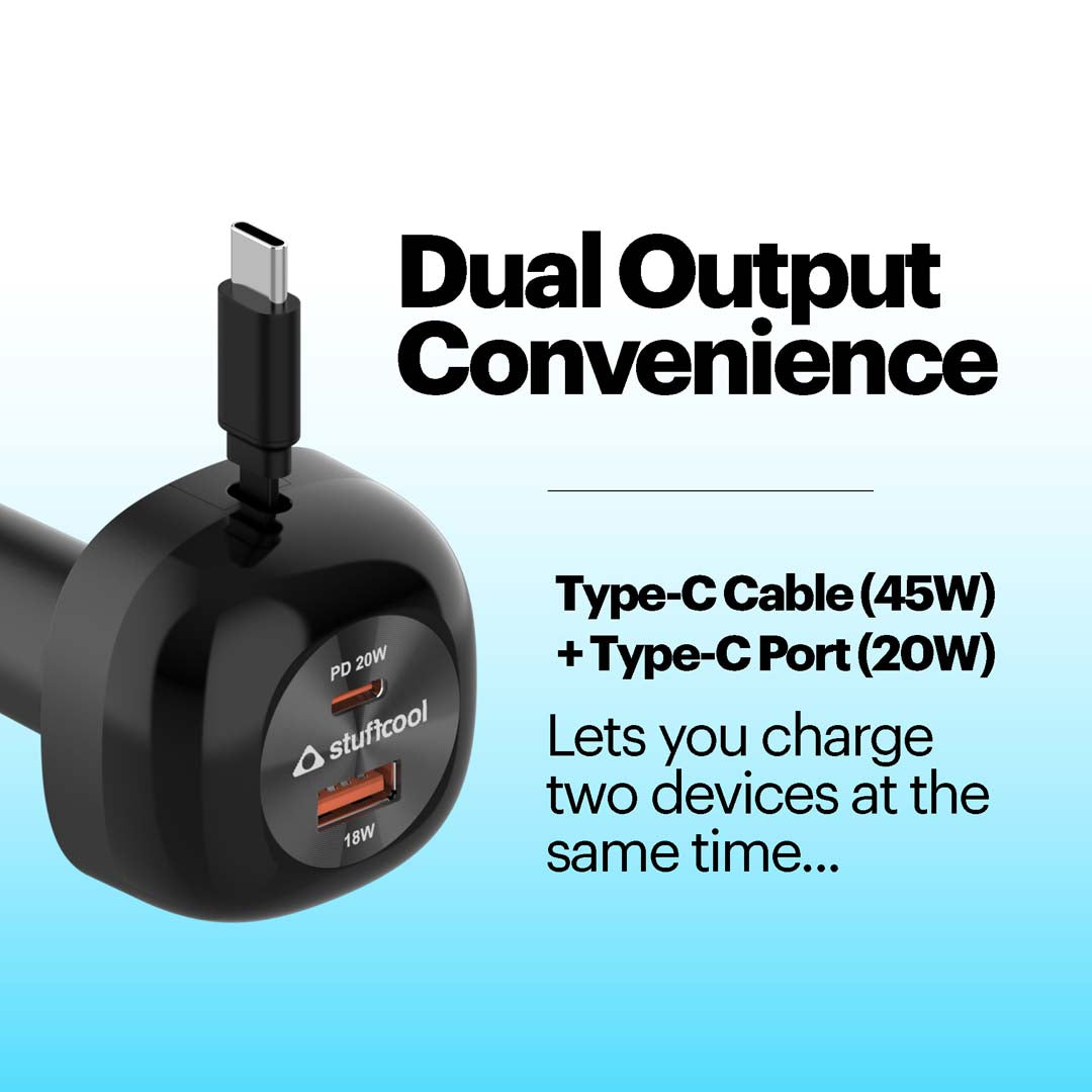 Ultimus 65R 65W Car Charger with 75cm Retractable Type-C Cable