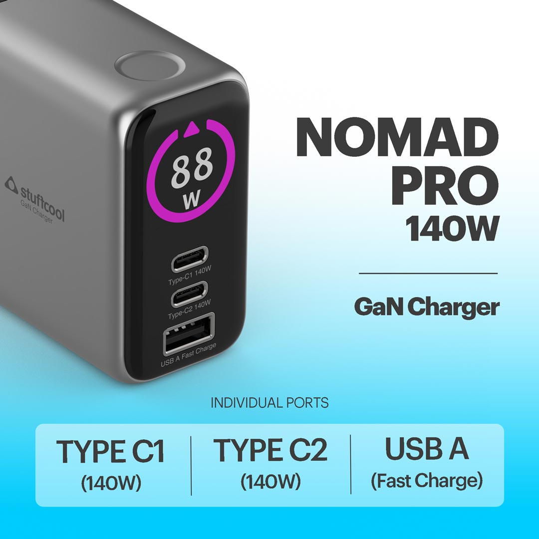 Nomad Pro 140W Multi Port GaN Fast Charger With World Travel Plugs