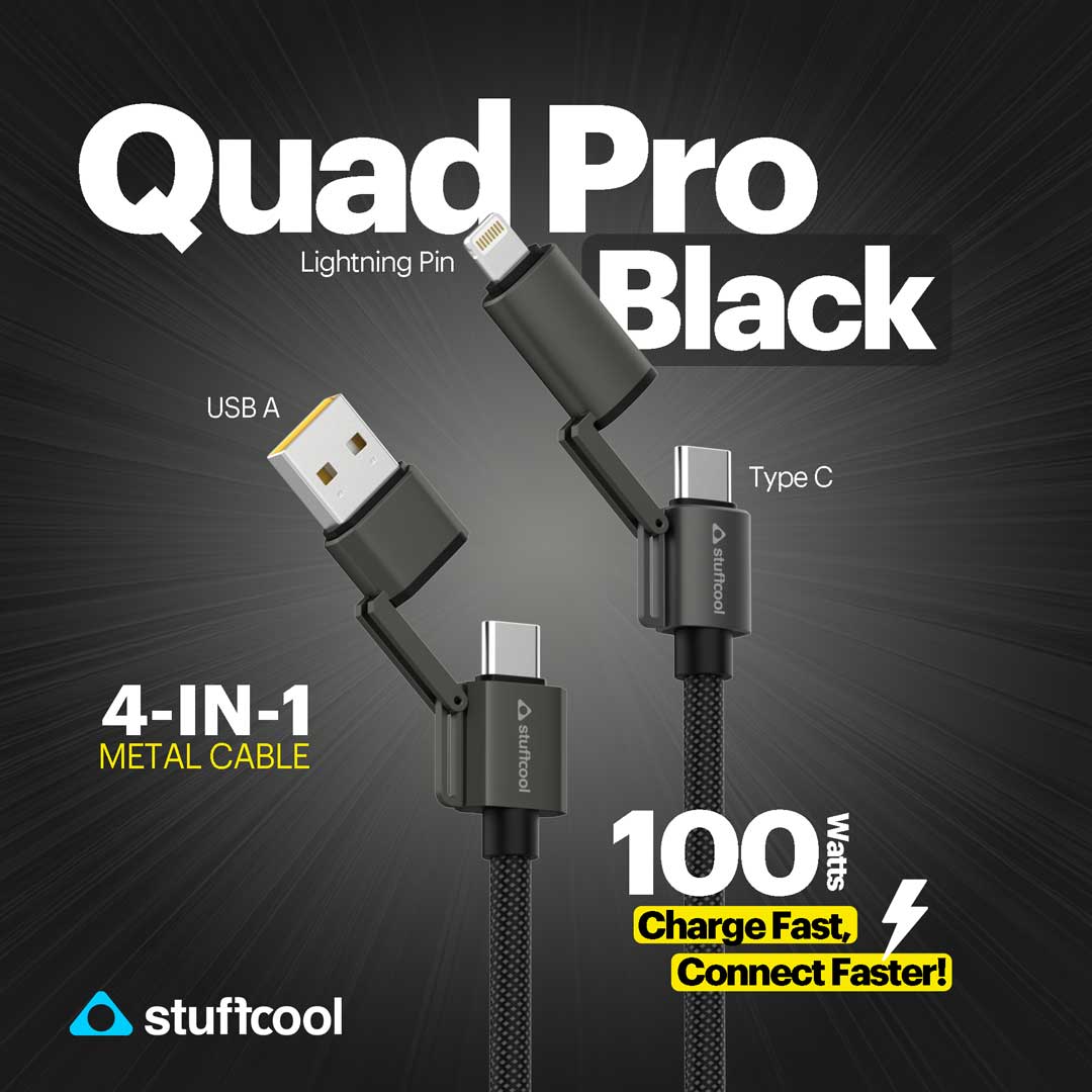 Quad Pro Black 4 In 1 Cable 100W With E-Marker Chip 1.5M