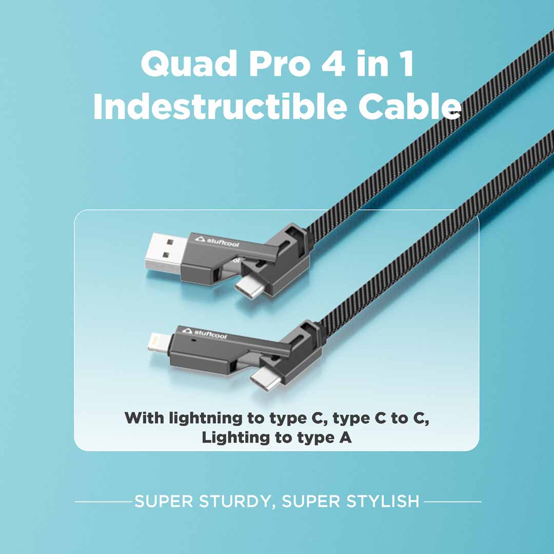 Quad Pro 4 in 1 Indestructible Cable 60W with lightning to type C, type C to C, lightning to USB A