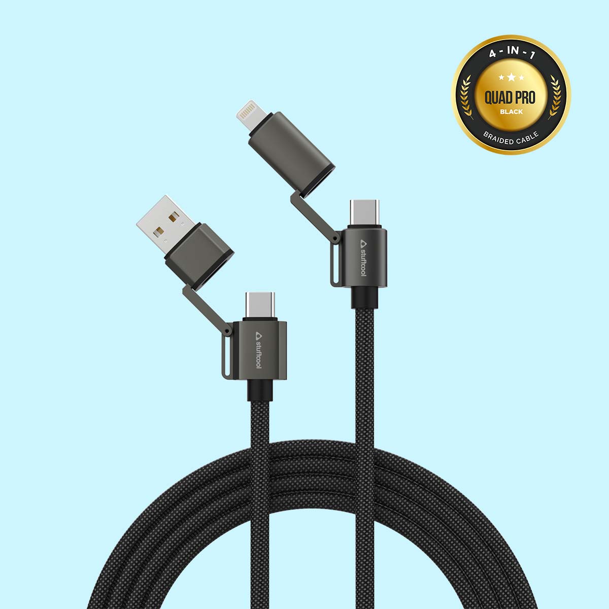 Quad Pro Black 4 In 1 Cable 100W With E-Marker Chip 1.5M