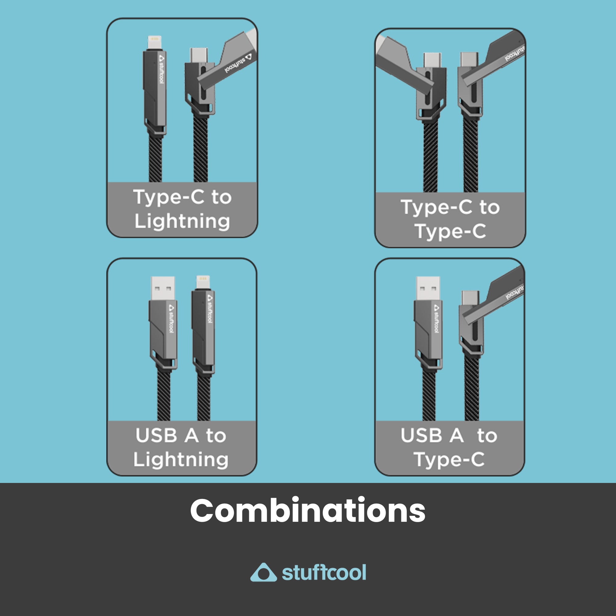 Quad Pro 4 in 1 Indestructible Cable 60W with lightning to type C, type C to C, lightning to USB A