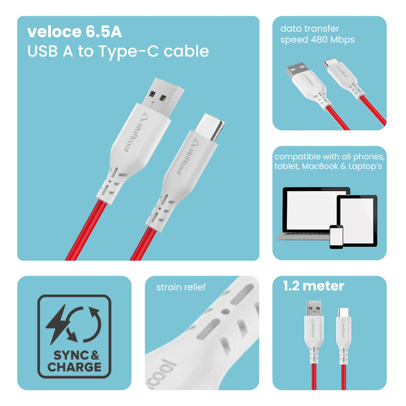 Veloce A-C 6.5A Sync & charge cable 1.5 M Compatible with  oppo, one plus, vivo, Samsung, Huawei, pixel.