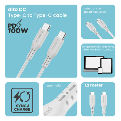 Alto C To C 100W 5A Cable fast USB C to C compatible for MacBooks , Laptops and Upto Galaxy S23 Series.