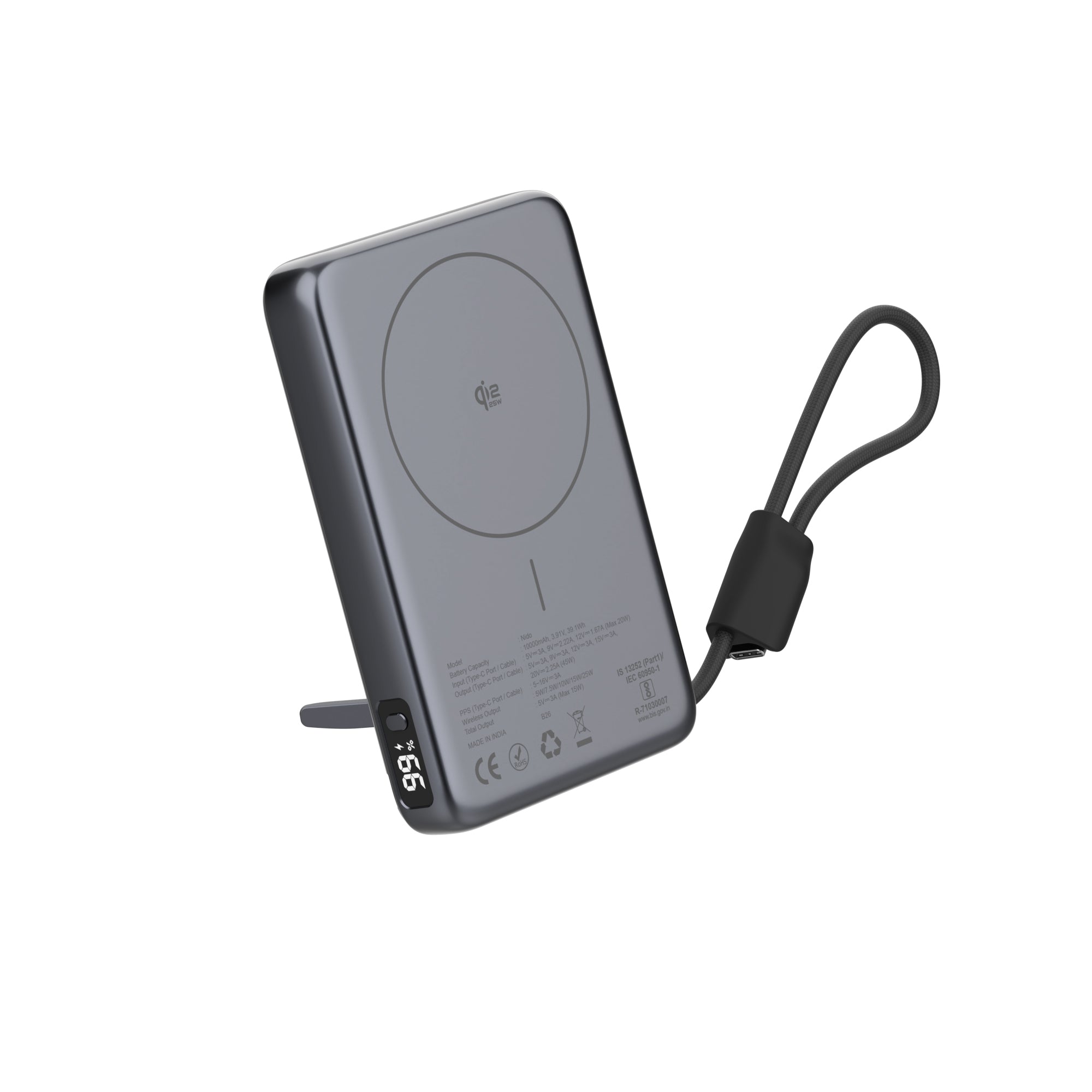 Nido 10,000mAh Qi2.2 MagSafe Powerbank with 25W Fast Wireless & 45W PD Charging, Built-in Type-C Cable, Stand & Digital Display