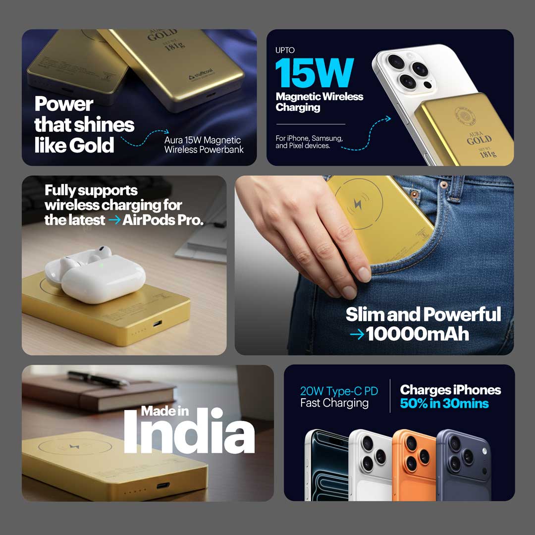 Aura 10000mAh 15W Magnetic Wireless Powerbank with Gold Finish