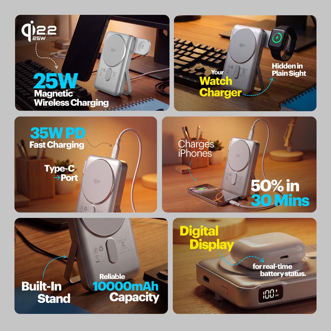 Omni Pro Qi2.2 Certified 25W MagSafe Powerbank with Built-in Apple Watch Charger