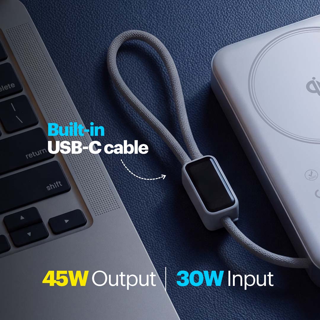 Odin Plus 10,000mAh Qi2.2 25W MagSafe Powerbank with 45W Wired Fast Charging & Built-In Type-C Cable