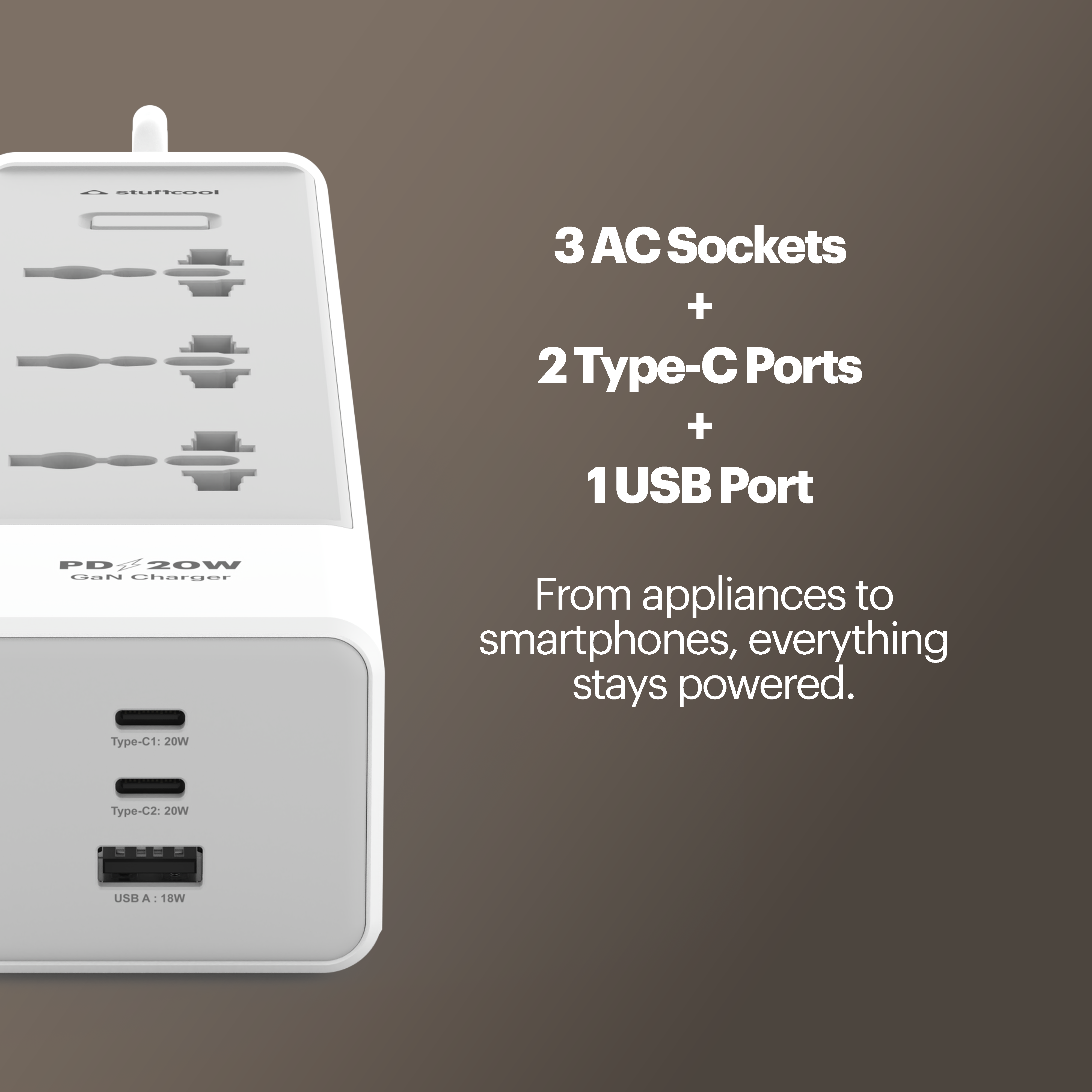 Chargestrip 3 universal AC sockets and a built-in 20W GaN charger.