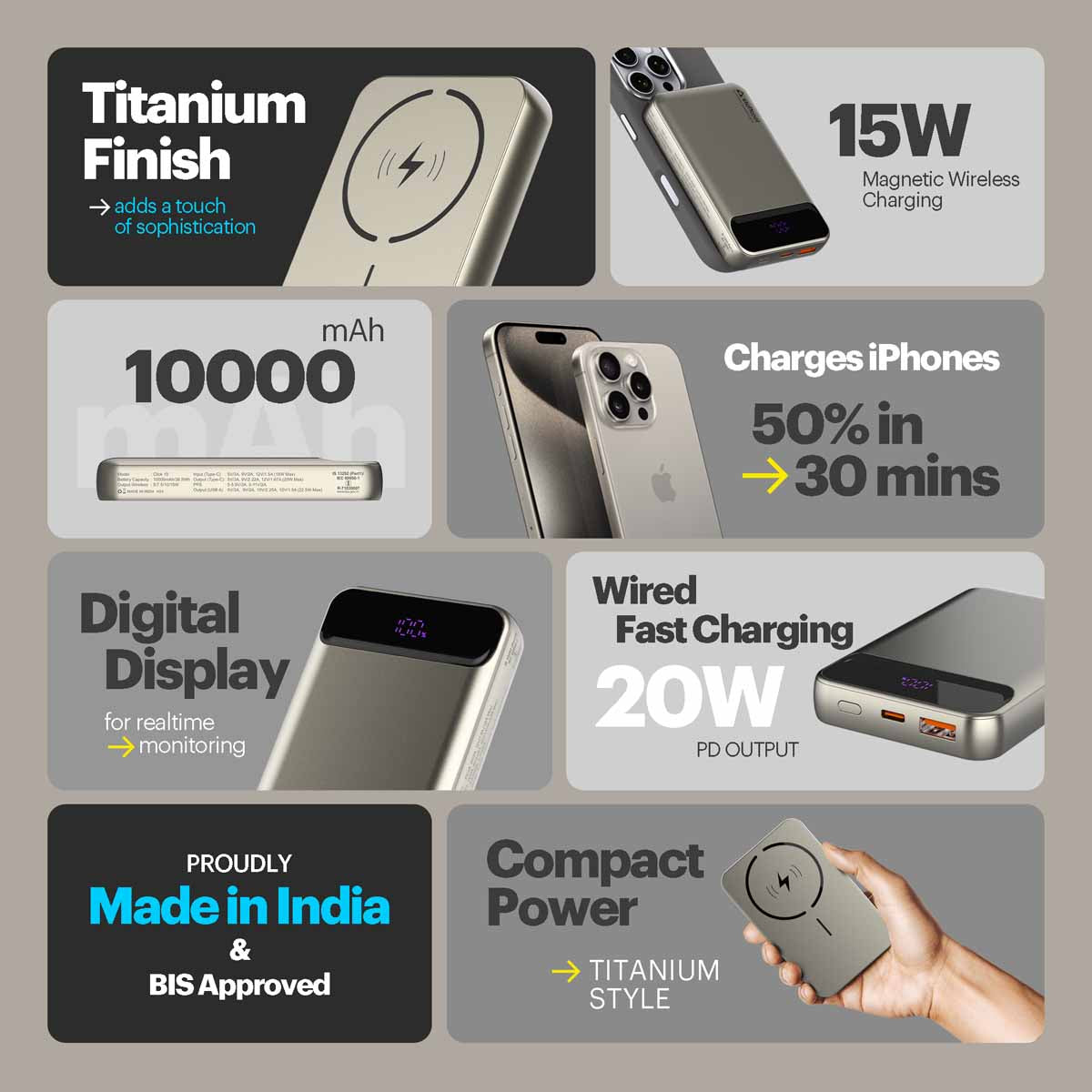 Click 10000mAh 15W Slim Magnetic Wireless Powerbank with Natural Titanium Finish for iPhone