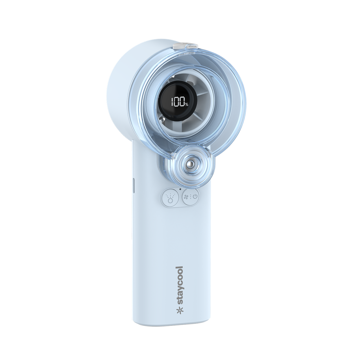 Light Blue staycool mist, front view showing the clear water tank, mist nozzle and LED display
