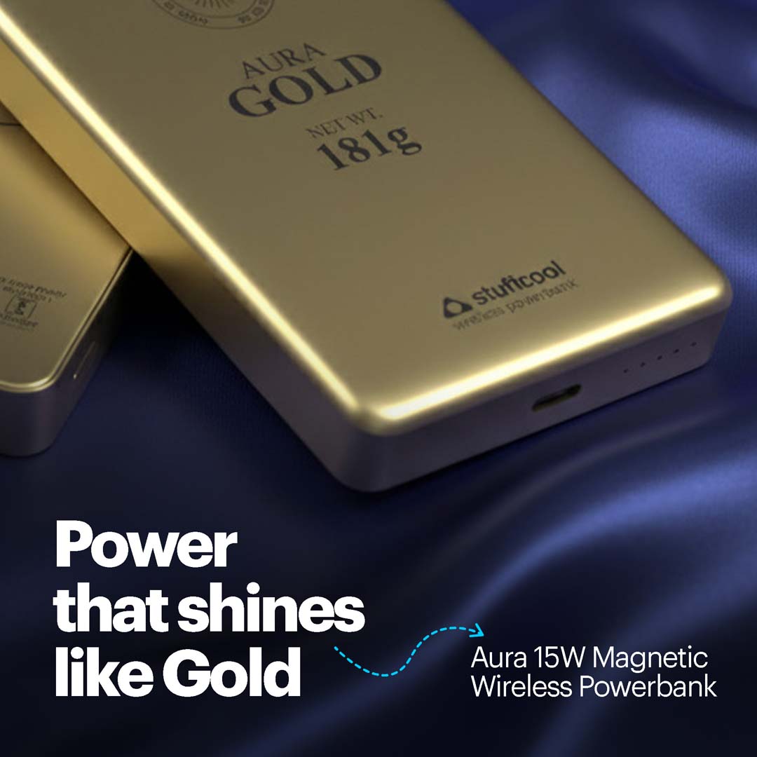 Aura 10000mAh 15W Magnetic Wireless Powerbank with Gold Finish