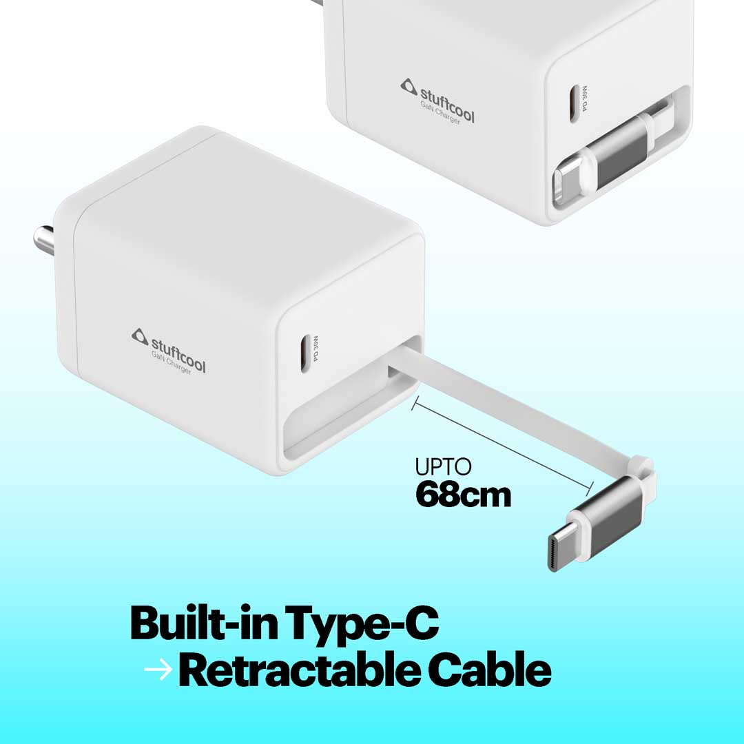 Zeno 30W GaN Wall Charger with USB-C Port & Built-in Retractable Type-C Cable