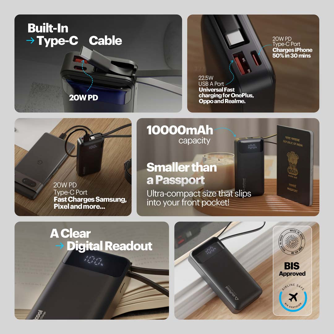 Mito Mini 10000mAh Powerbank with Built-in Type-C Cable and 22.5W Fast Charging
