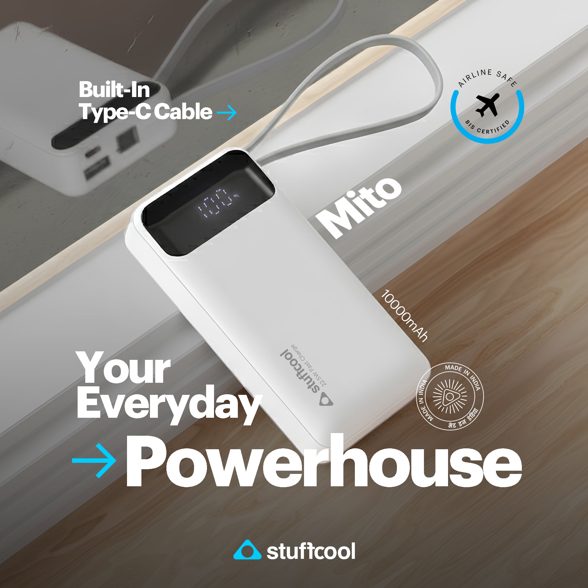 Mito Mini 10000mAh Powerbank with Built-in Type-C Cable and 22.5W Fast Charging
