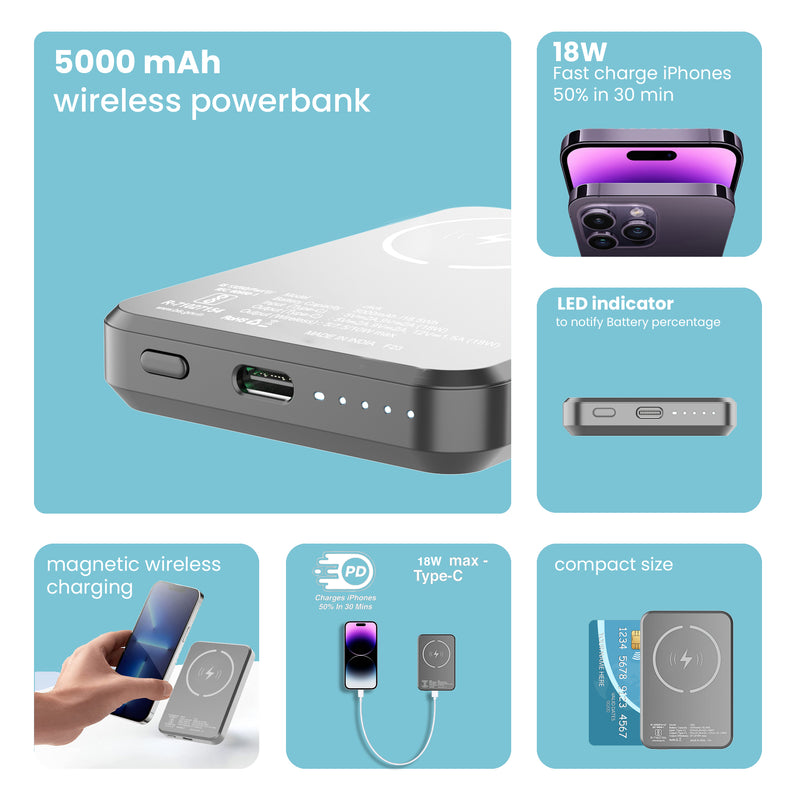 Stuffcool Click Plus 10000mAh Made in India Magnetic Wireless Powerbank  Perfect for iPhone 12/13/14 Series, with Fast Wired Charging Charges iPhone  50% in 30 mins (Grey) : : Electronics