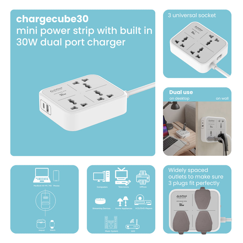 ChargeCube Mini Power Strip with 30W Type C output