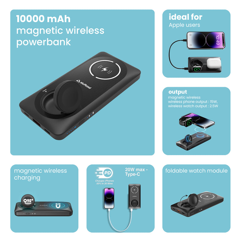 Stuffcool Click Plus 10000mAh Made in India Magnetic Wireless Powerbank  Perfect for iPhone 12/13/14 Series, with Fast Wired Charging Charges iPhone  50% in 30 mins (Grey) : : Electronics