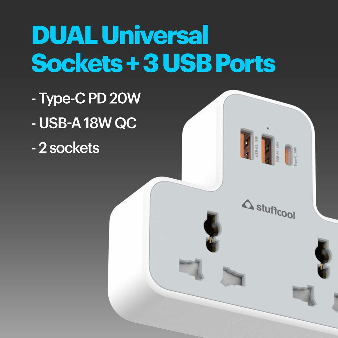 Charge T Dual AC Socket Multi Plug with 20W Type C port