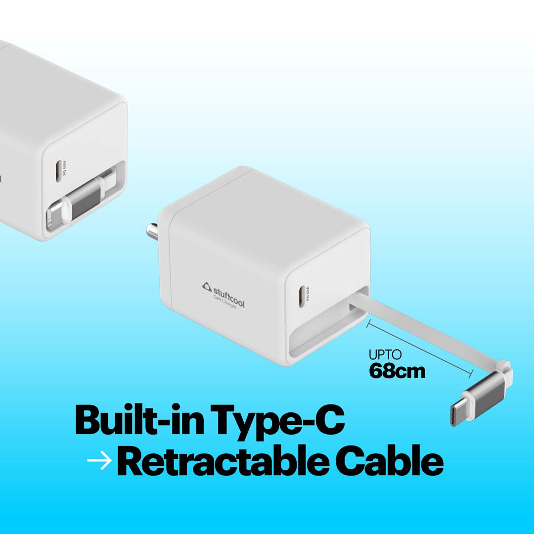 Zeno 65W GaN Wall Charger with USB-C Port & Built-in Retractable Type-C Cable