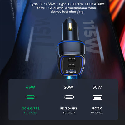 Ultimus 115W Three Port Car Charger With 65W Type C PD PPS Port, Type C 20W Port and Type A QC3.0 Port
