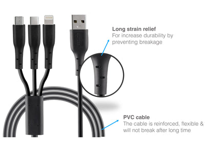Tres Sync & Charge 3 in 1 Cable 1.5M Black
